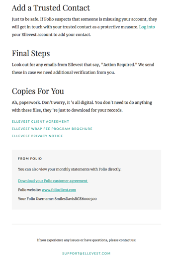 Ellevest onboarding email continuation with billing details and account setup instructions for investment platform